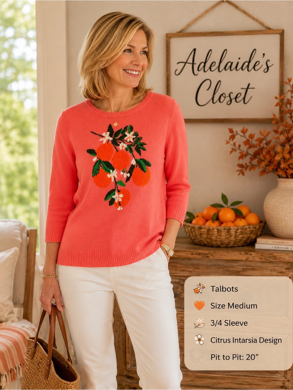 Talbots Orange Citrus Intarsia Crewneck Sweater 3/4 Sleeve Women’s Size Meduim